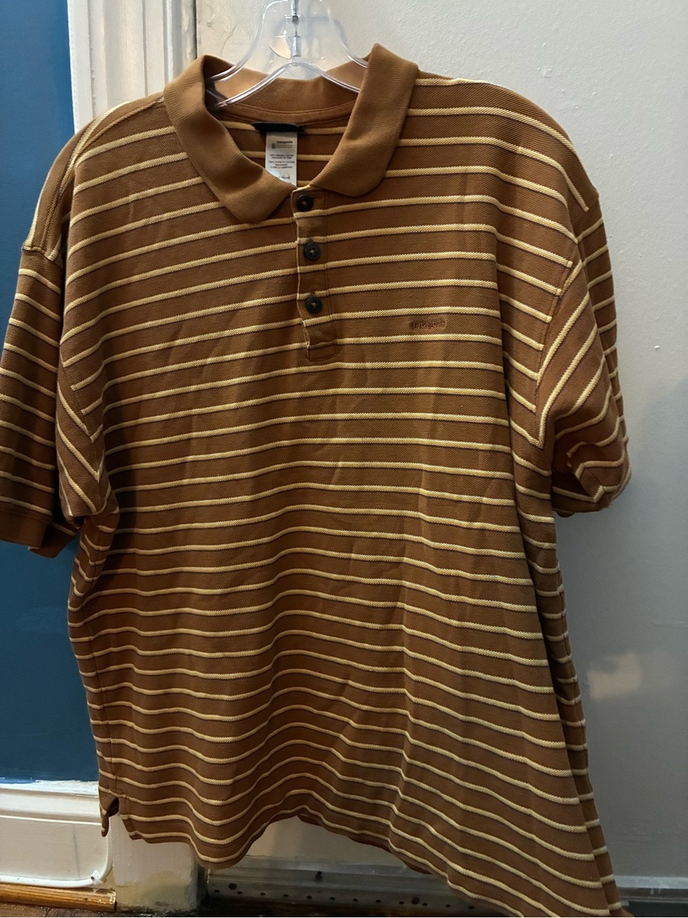 Patagonia Brown and Cream Striped Polo Shirt